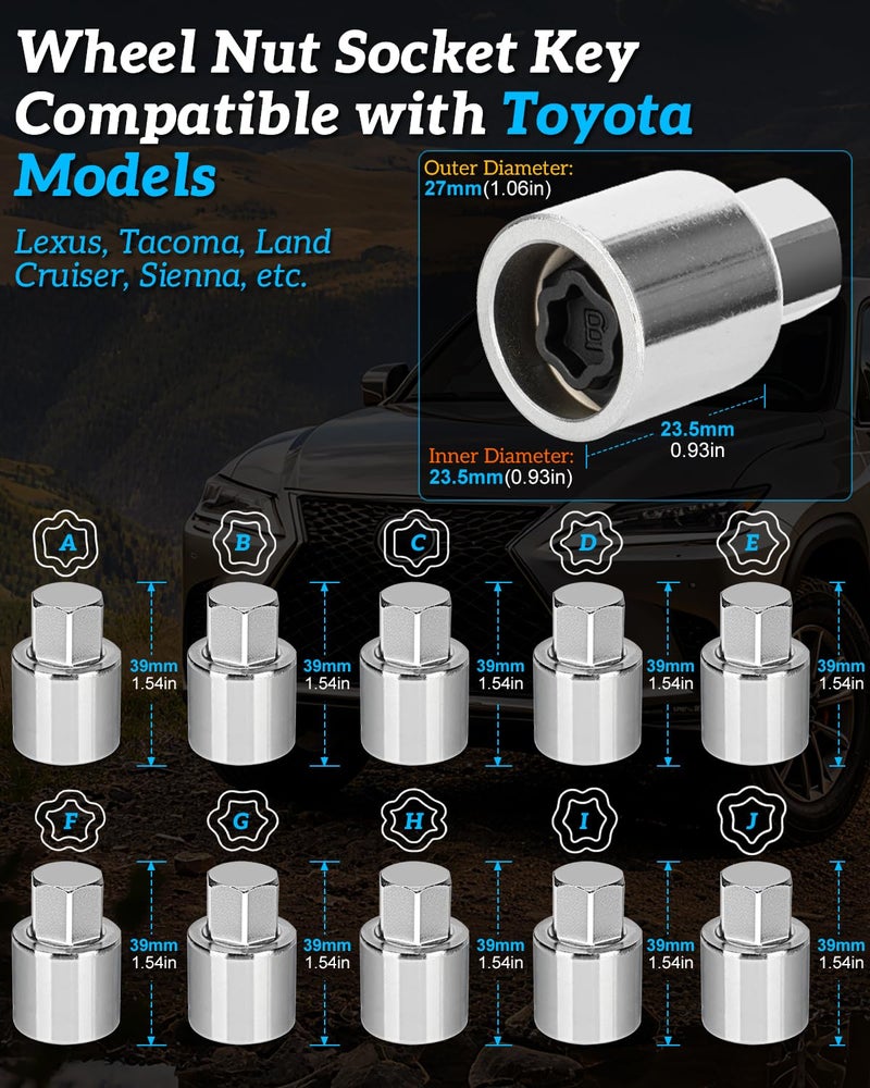 Thinkpro Locking Lug Nut Key-Wheel Lock Key Compatible with Toyota,Lexus,Tacoma,etc. 10 Pieces Wheel Lock Removal Kit,A to J Anti Theft Lug Nut Removal Tool - Image 2